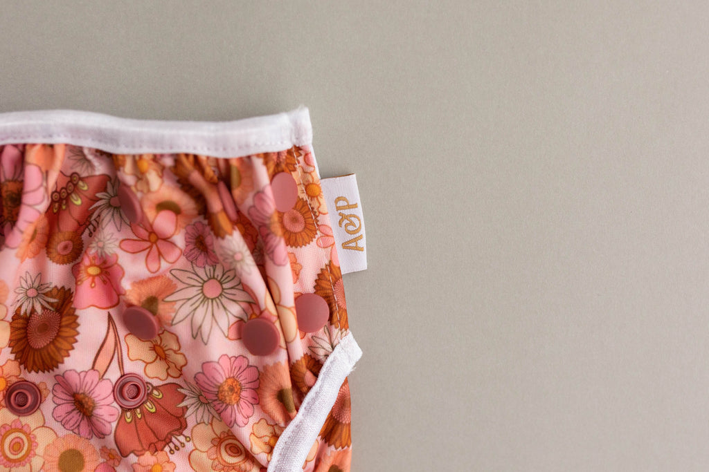 Retro Flower Swim Nappy Cloth designed and owned cloth nappies. Sustainable baby products. Alice&Patrick Boutique