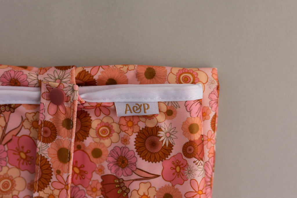 Retro Flower Change Mat Cloth designed and owned cloth nappies. Sustainable baby products. Alice&Patrick Boutique